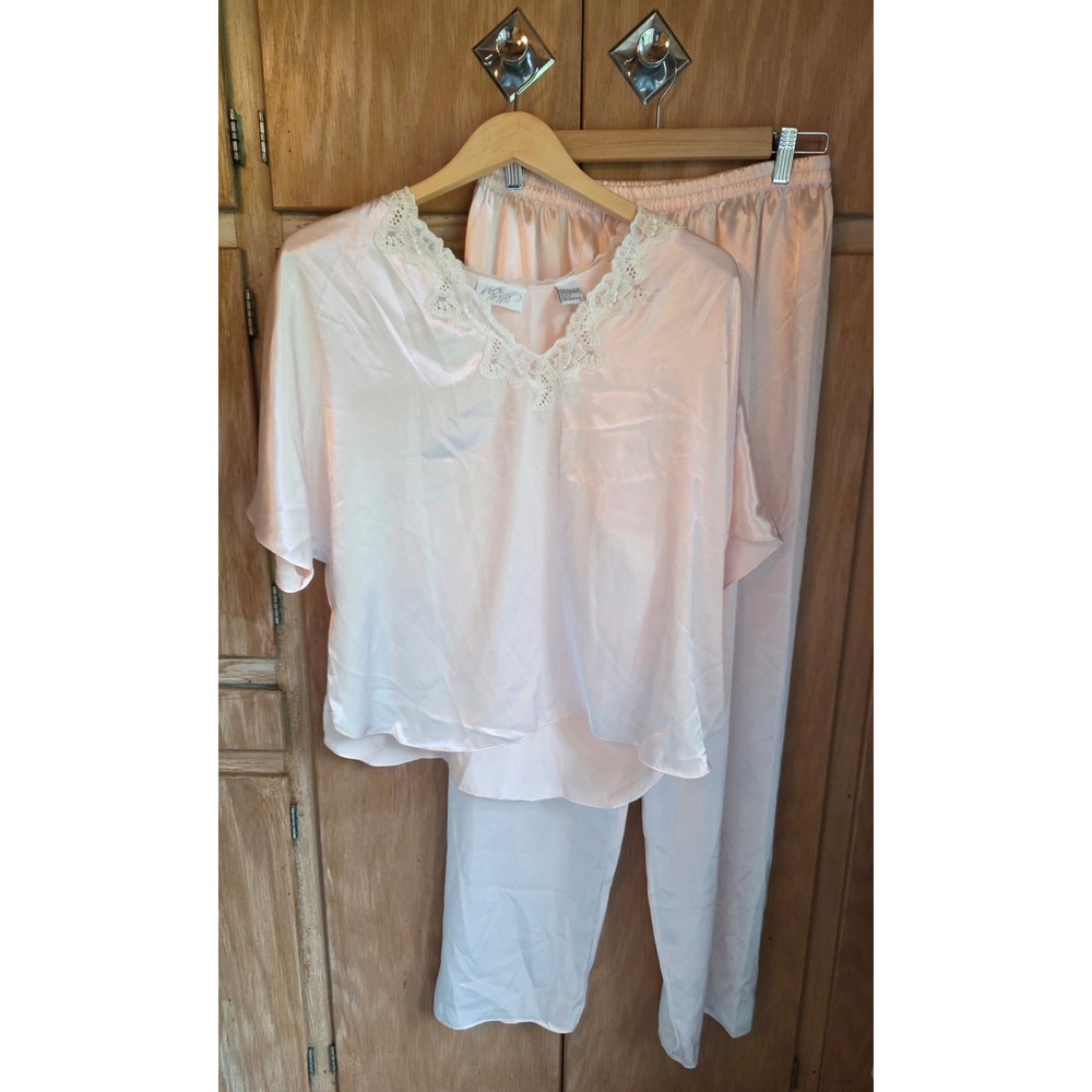 Vintage Lord & Taylor Vintage Pink Satin Pajama Set Lace V-Neck L Loungewear